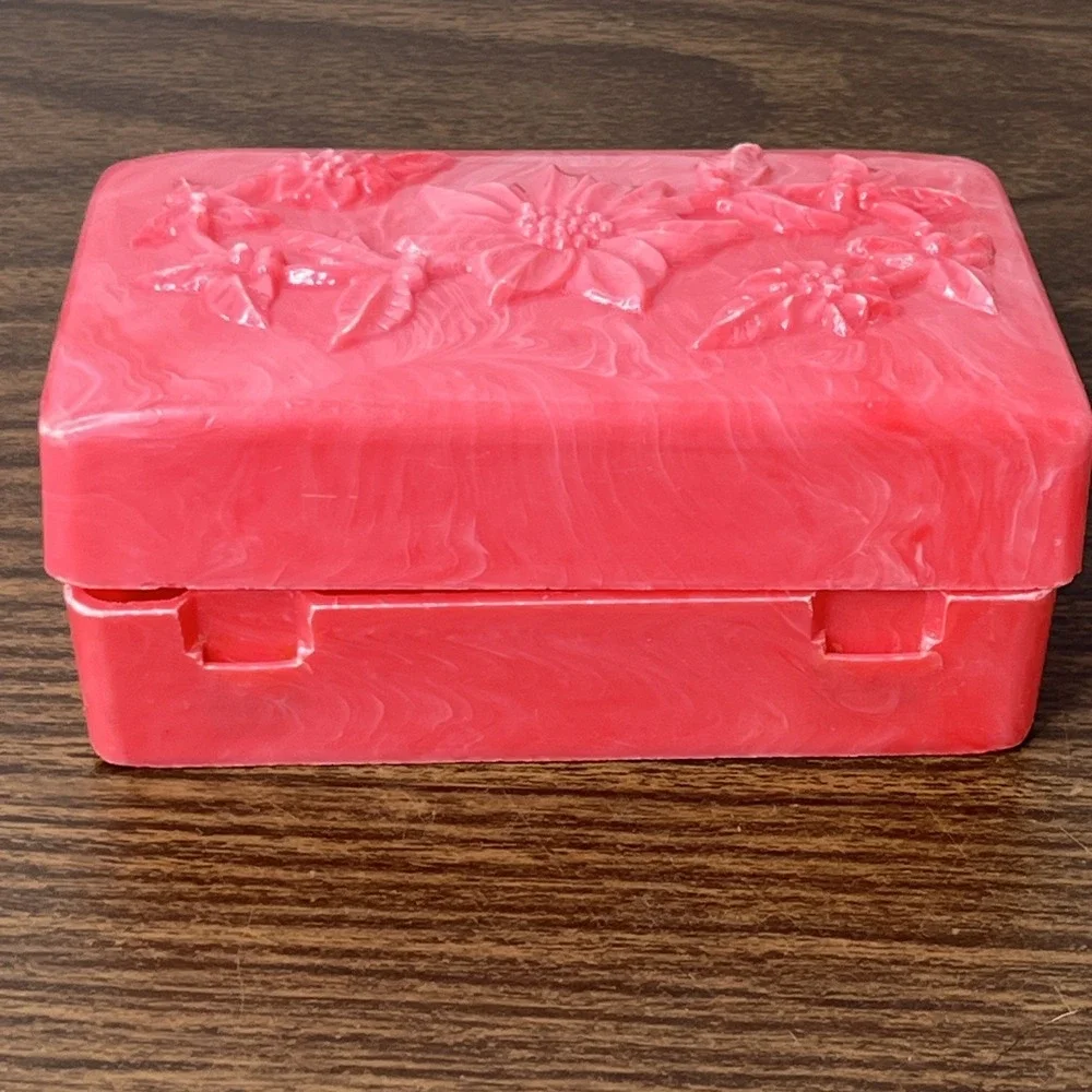 VTG Pink Marbled TILCO Soap / Trinket Box w Floral Embossed Lid Celluloid?